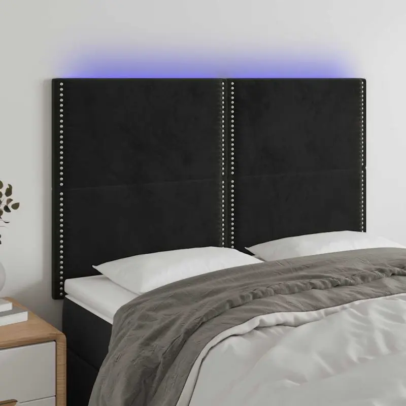 Zagłówek do łóżka z LED, czarny, 144x5x118/128 cm, aksamit