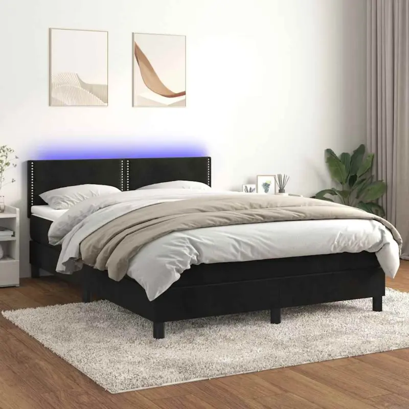 Łóżko kontynentalne z materacem i LED, czarny aksamit 140x200cm