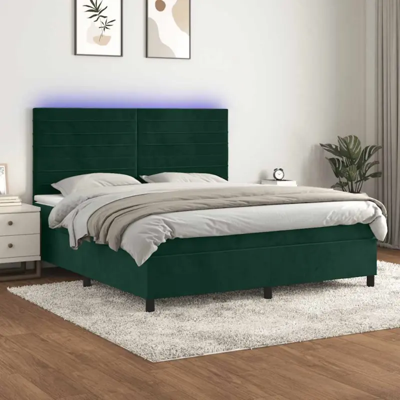 Łóżko kontynentalne z materacem i LED zielony aksamit 160x200cm
