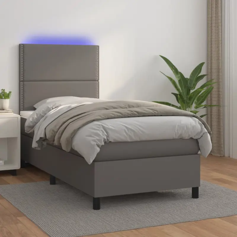 Łóżko kontynentalne z materacem i LED, szara ekoskóra 90x200 cm