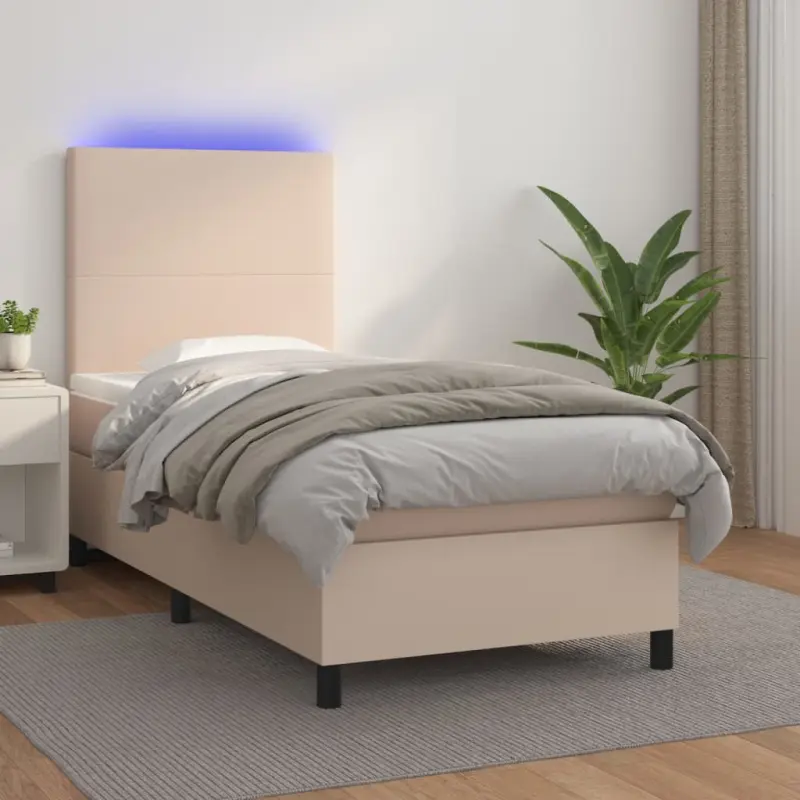 Łóżko kontynentalne, materac i LED cappuccino ekoskóra 80x200cm