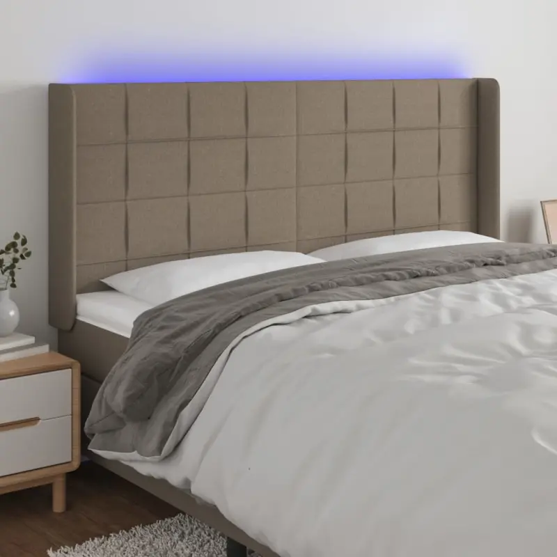 Zagłówek do łóżka z LED, taupe, 203x16x118/128 cm, tkanina