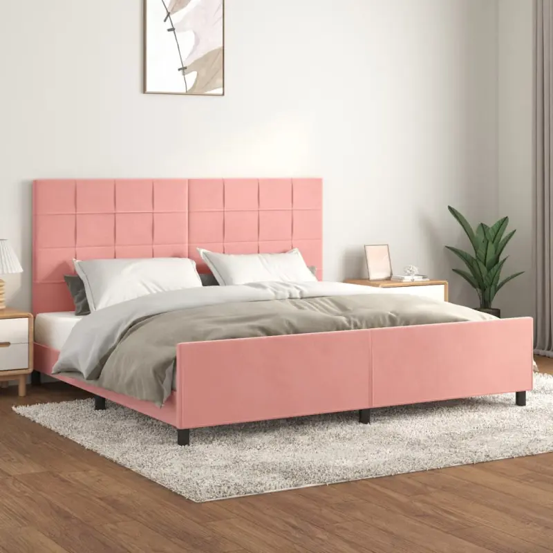 Rama łóżka z zagłówkiem, różowa, 200x200 cm, aksamitna