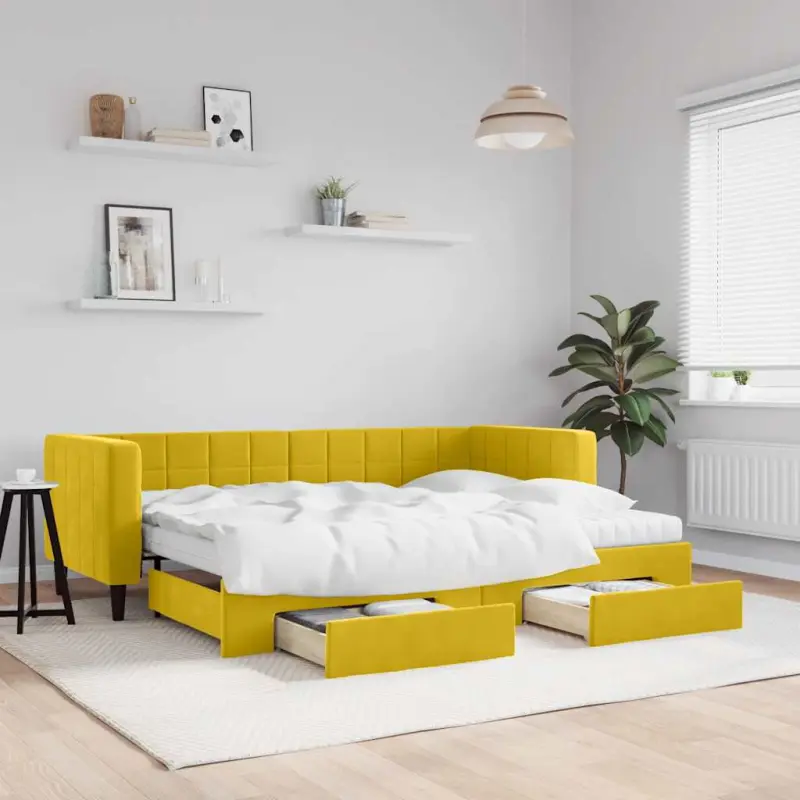 Sofa rozsuwana z szufladami, żółta, 80x200 cm, aksamit
