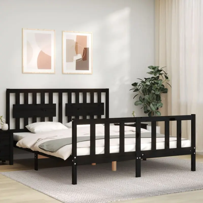 Rama łóżka z wezgłowiem, czarna, King Size, lite drewno