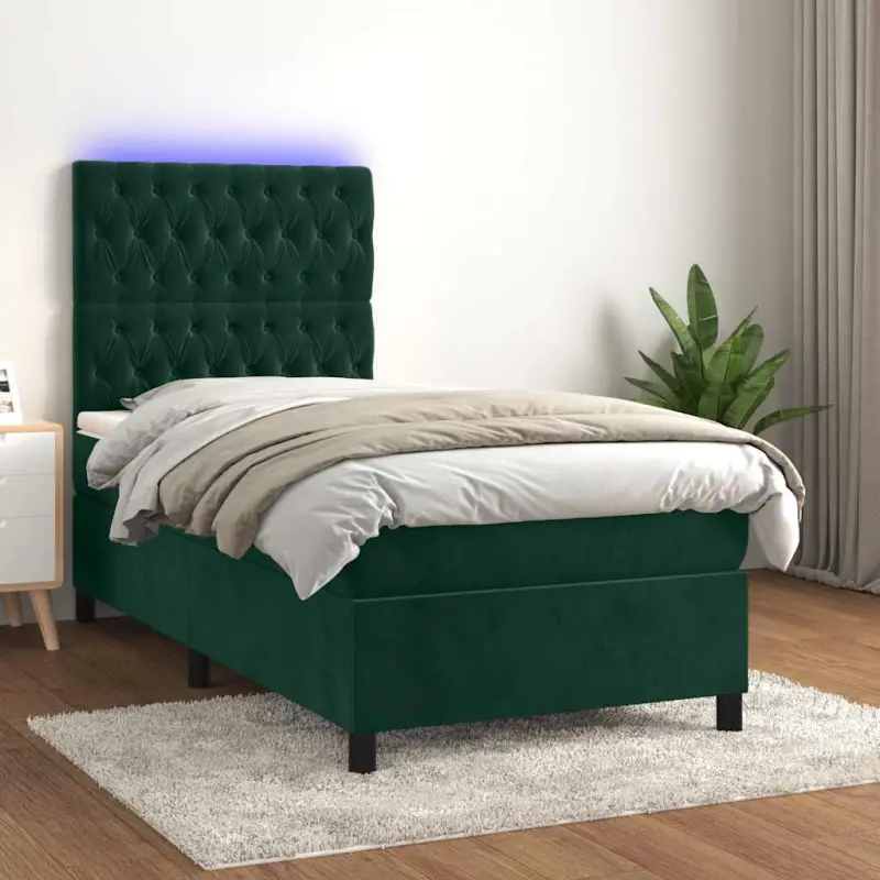 Łóżko kontynentalne z materacem i LED zielony aksamit 100x200cm