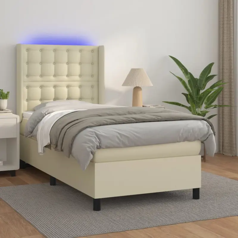 Łóżko kontynentalne z LED, materac, kremowe, ekoskóra 100x200cm