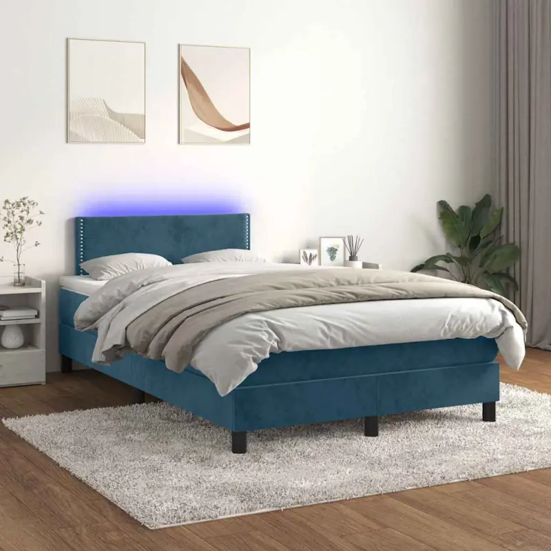 Łóżko kontynentalne, materac i LED, niebieski aksamit 120x200cm
