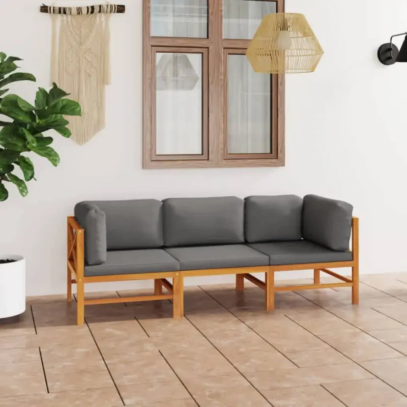 3-os. sofa ogrodowa z szarymi poduszkami, lite drewno tekowe