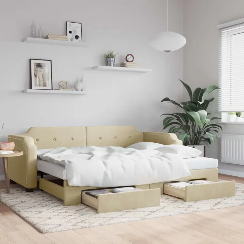 Sofa rozsuwana z szufladami, kremowa, 80x200 cm, tkanina