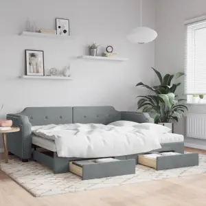 Sofa rozsuwana z szufladami, jasnoszara, 90x190 cm, tkanina