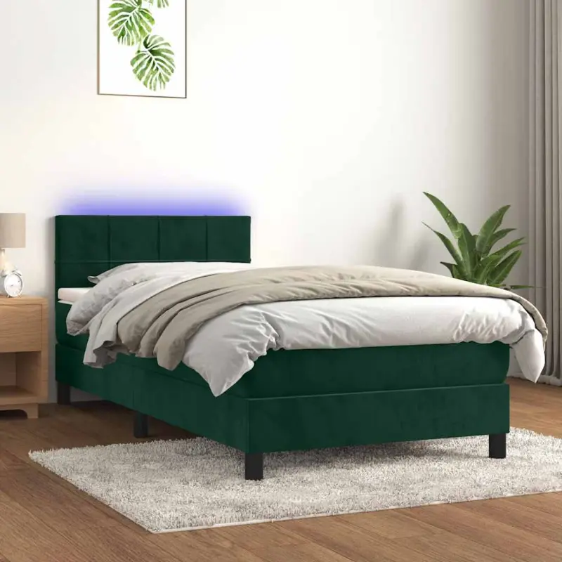 Łóżko kontynentalne z materacem i LED zielony aksamit 80x200 cm