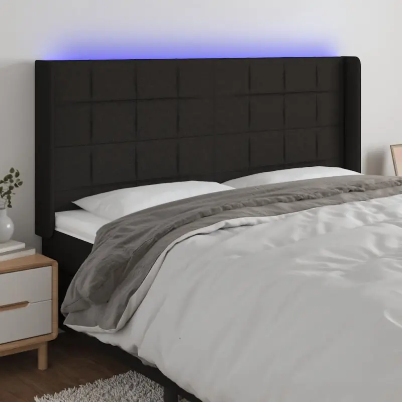 Zagłówek do łóżka z LED, czarny, 203x16x118/128 cm, tkanina