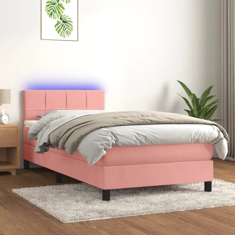 Łóżko kontynentalne z materacem i LED, różowy aksamit 90x190 cm