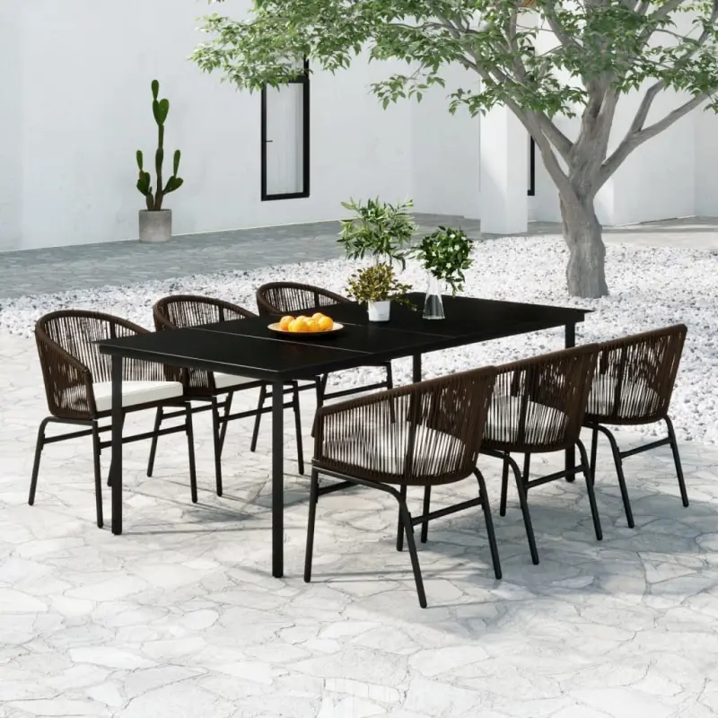 Meble ogrodowe 7-częściowe brązowe rattan PVC z kremowymi poduszkami
