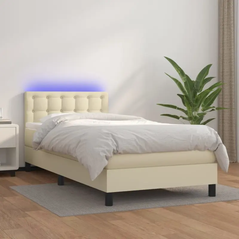 Łóżko kontynentalne z LED, materac, kremowe, ekoskóra 100x200cm