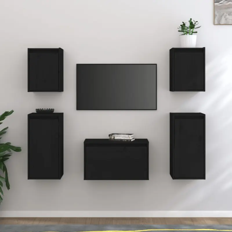 Szafki pod TV, 5 szt., czarne, lite drewno sosnowe
