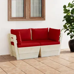Meble ogrodowe sofa 2-osobowa z palet drewno świerkowe czerwone poduszki