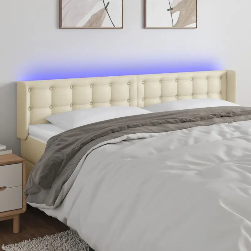 Zagłówek do łóżka z LED, kremowy, 203x16x78/88cm sztuczna skóra