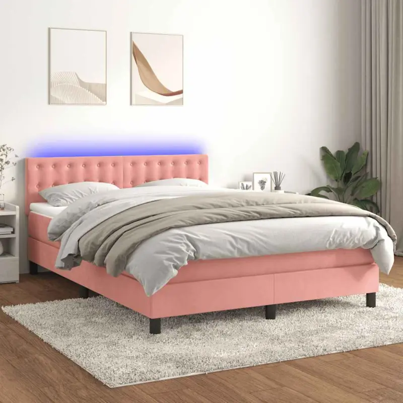 Łóżko kontynentalne z materacem i LED, różowy aksamit 140x190cm