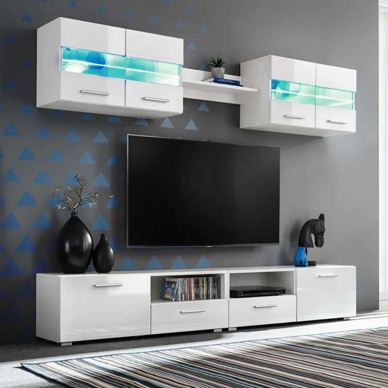 Meblościanka pod TV z oświetleniem LED, 5 el., połysk, biała