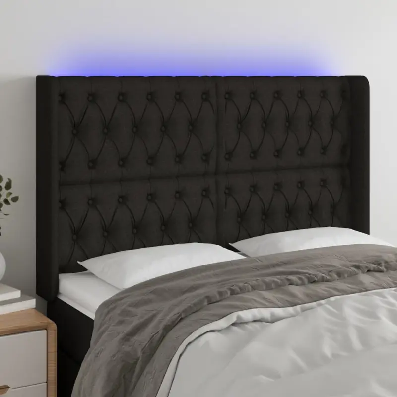 Zagłówek do łóżka z LED, czarny, 147x16x118/128 cm, tkanina