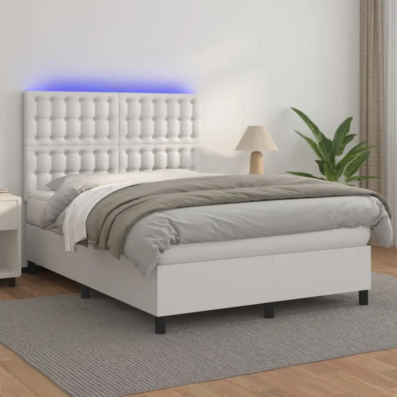 Łóżko kontynentalne z materacem i LED, biała ekoskóra 140x190cm