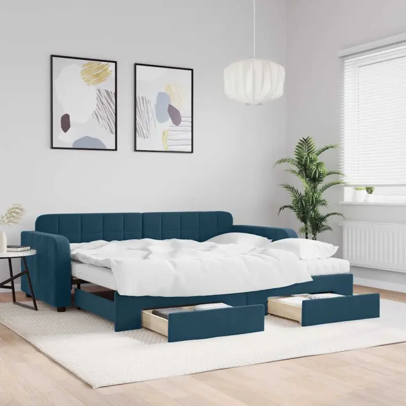 Sofa rozsuwana z szufladami, niebieska, 90x200 cm, aksamit
