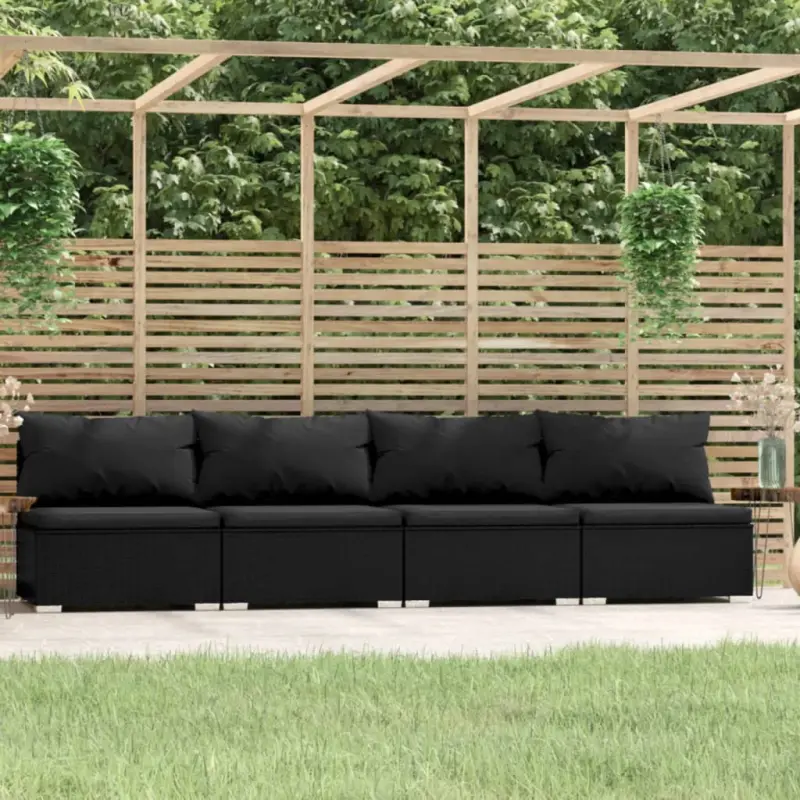 4-osobowa sofa z poduszkami, czarna, polirattan