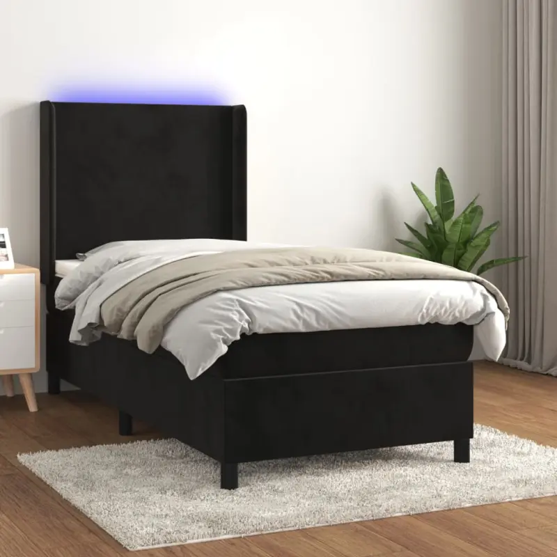 Łóżko kontynentalne z materacem i LED, czarny aksamit 90x200 cm