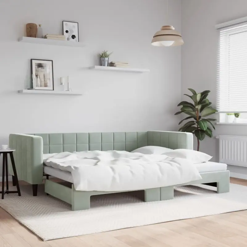 Sofa rozsuwana, jasnoszara, 90x190 cm, aksamit