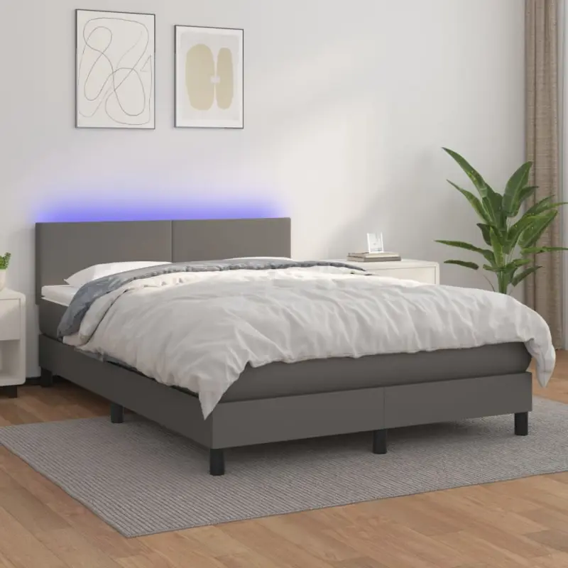 Łóżko kontynentalne z materacem i LED, szara ekoskóra 140x190cm