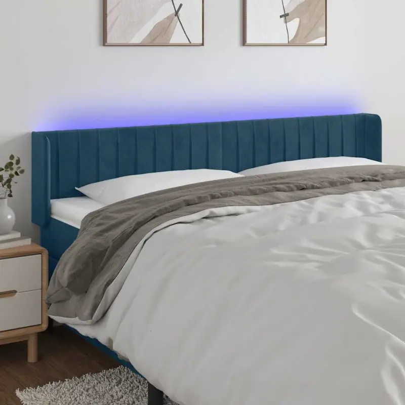 Zagłówek do łóżka z LED ciemnoniebieski 183x16x78/88 cm aksamit