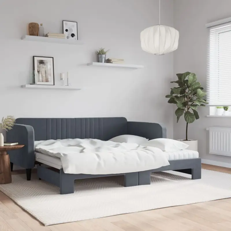 Sofa rozsuwana z materacami, ciemnoszara, 90x190 cm, aksamit