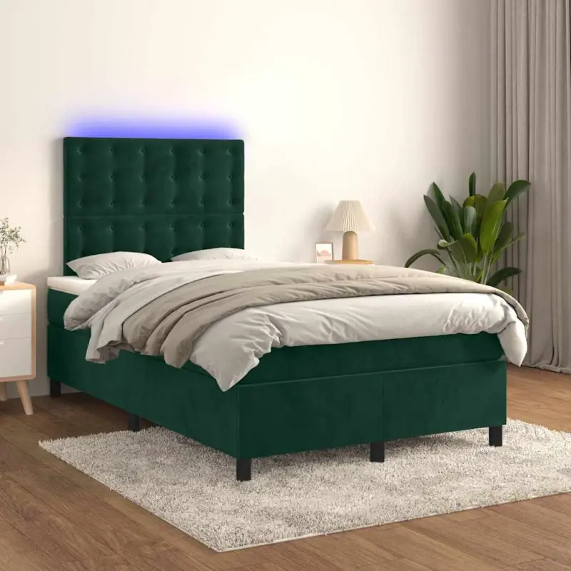Łóżko kontynentalne z materacem i LED zielony aksamit 120x200cm