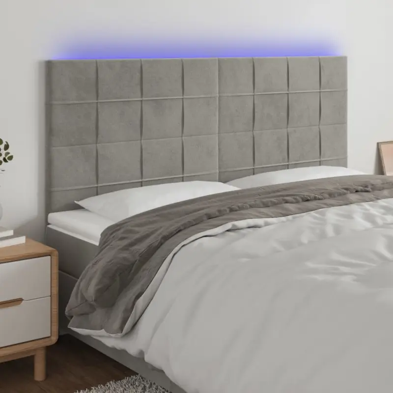 Zagłówek do łóżka z LED, jasnoszary, 200x5x118/128 cm, aksamit