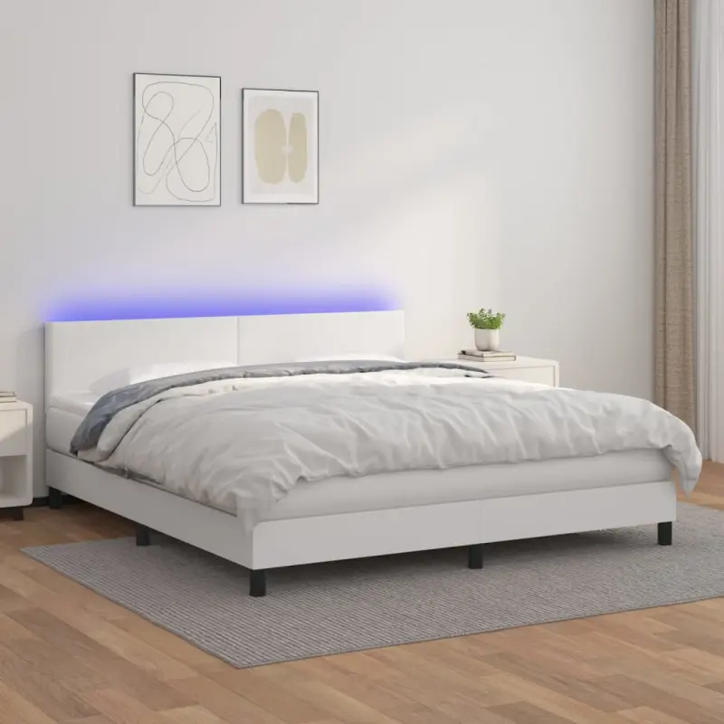Łóżko kontynentalne z materacem i LED, biała ekoskóra 160x200cm