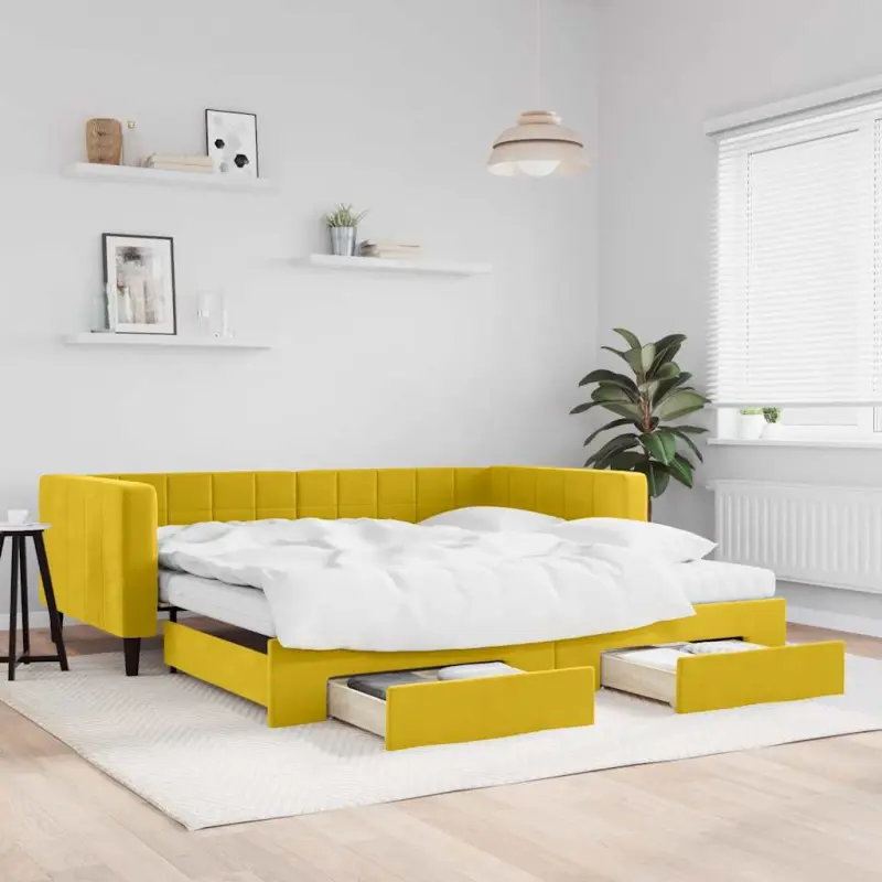 Sofa rozsuwana z szufladami, żółta, 100x200 cm, aksamit