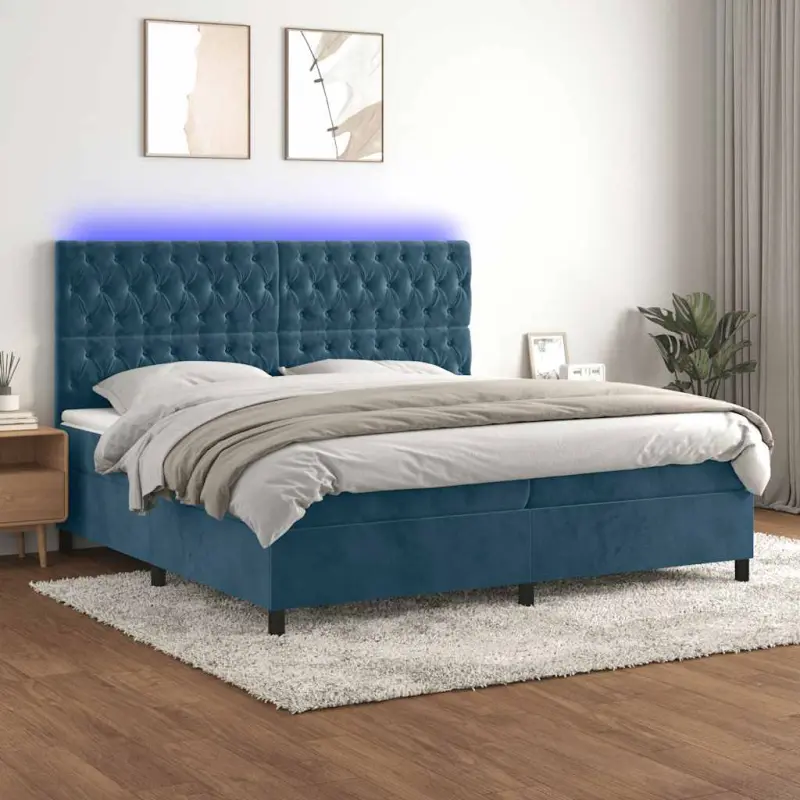 Łóżko kontynentalne, materac i LED, niebieski aksamit 200x200cm