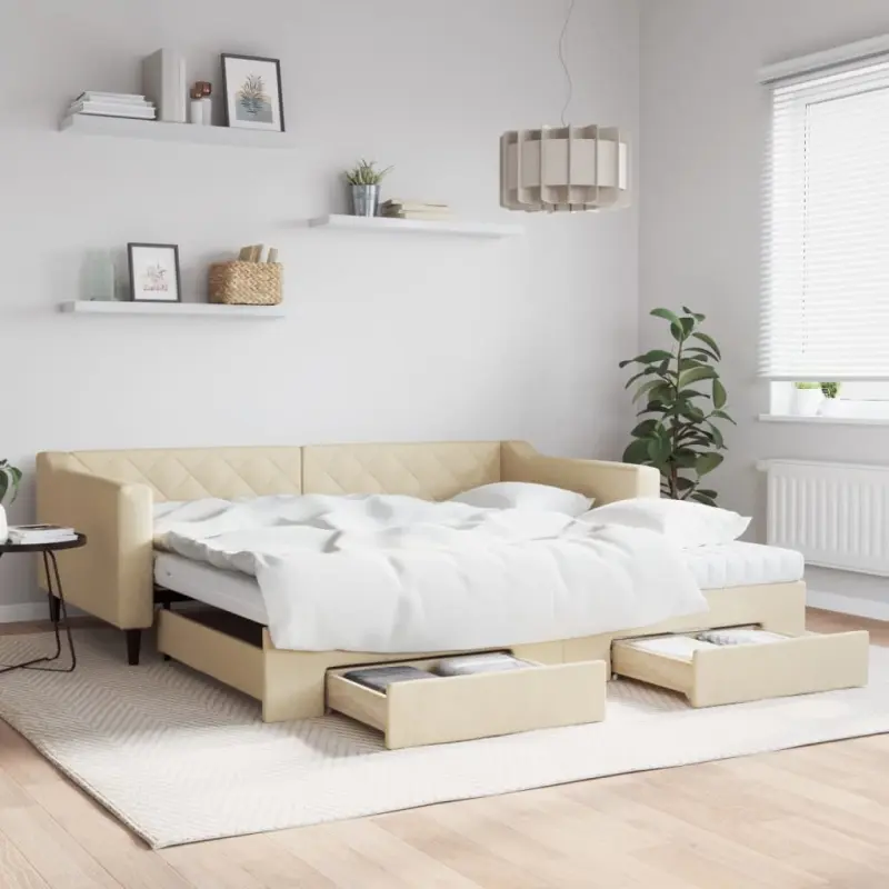 Sofa rozsuwana z szufladami, kremowa, 100x200 cm, tkanina