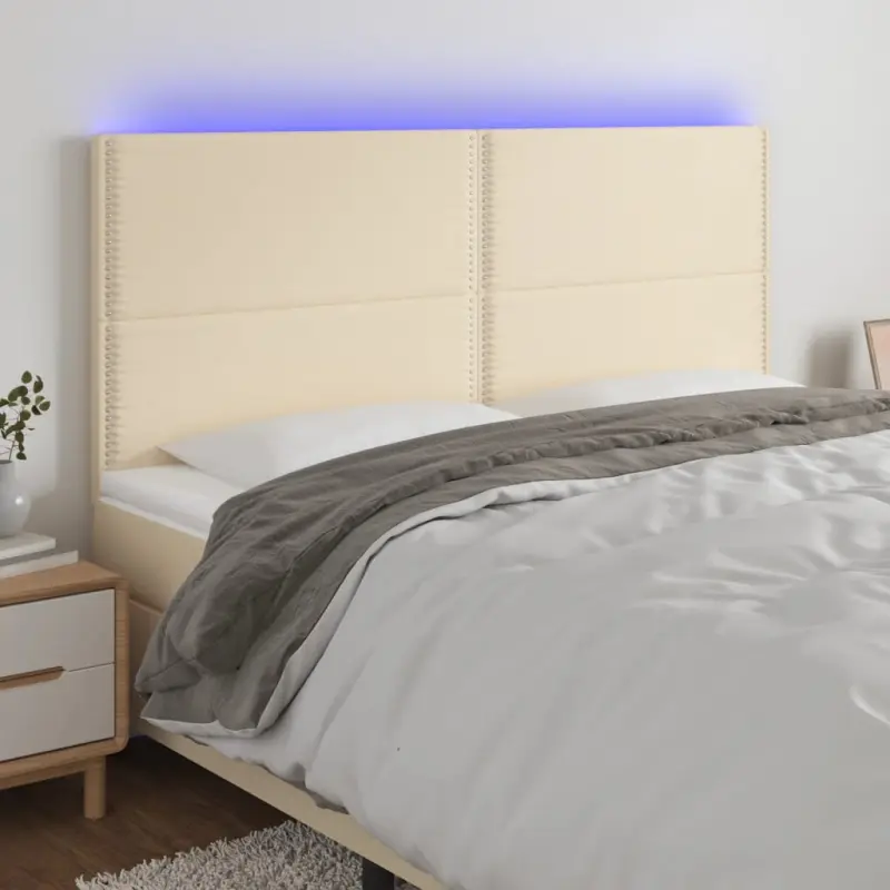 Zagłówek do łóżka z LED, kremowy, 200x5x118/128 cm, tkanina