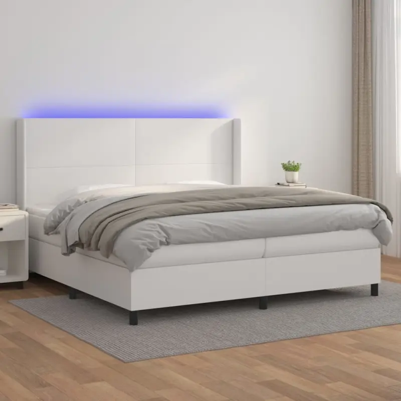 Łóżko kontynentalne z materacem i LED, biała ekoskóra 200x200cm