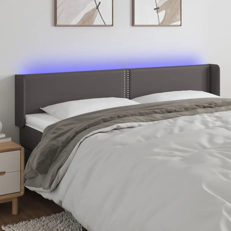 Zagłówek do łóżka z LED, szary, 183x16x78/88 cm sztuczna skóra