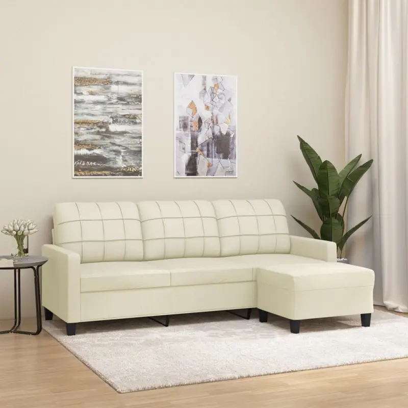 3-osobowa sofa z podnóżkiem, kremowa, 180 cm, sztuczna skóra