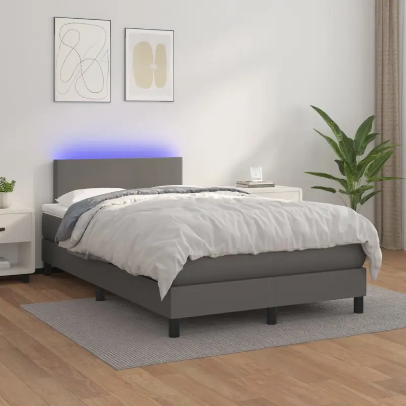 Łóżko kontynentalne z materacem i LED, szara ekoskóra 120x200cm