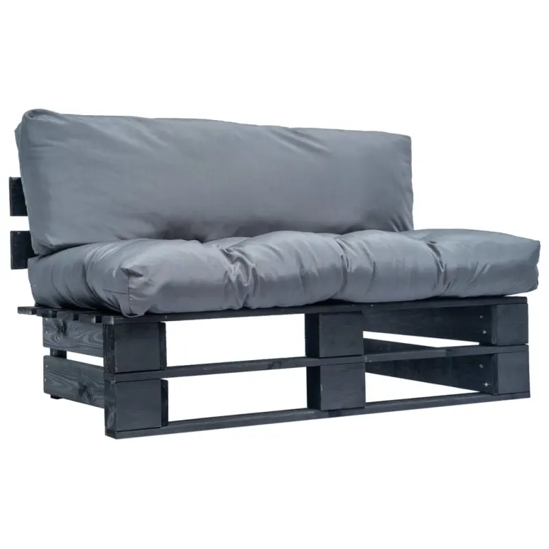 Sofa ogrodowa z palet z szarymi poduszkami, sosna