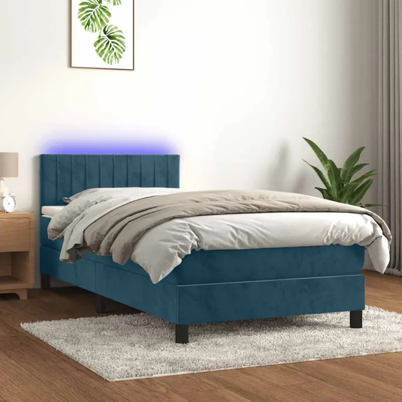 Łóżko kontynentalne, materac i LED, niebieski aksamit 90x200 cm