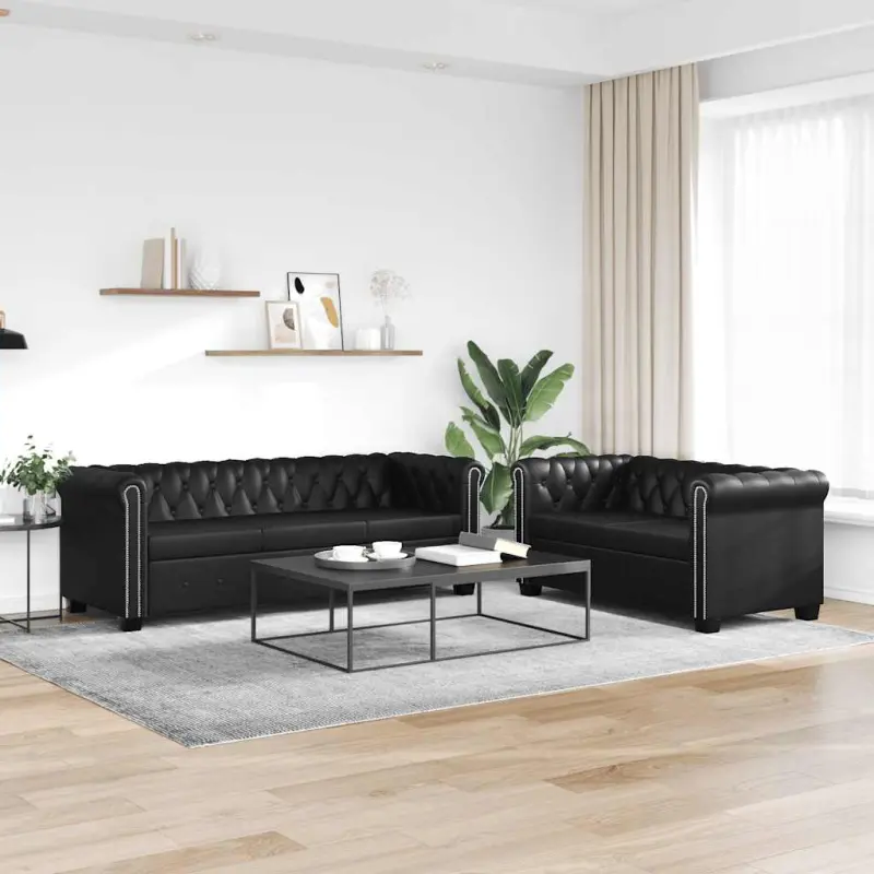 Zestaw sof typu Chesterfield: 2- i 3-osobowa, eko-skóra, czarne