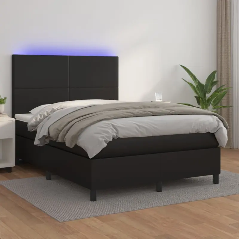 Łóżko kontynentalne, materac i LED, czarna ekoskóra, 140x190 cm