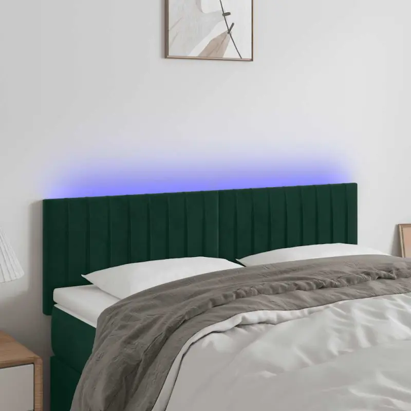 Zagłówek do łóżka z LED, ciemnozielony, 144x5x78/88 cm, aksamit